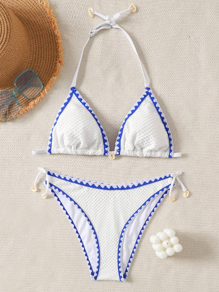 SHEIN 少女夏季泳装度假条纹露背系带性感比基尼套装，2件套，夏季沙滩 - 藍白色 - 查看 1