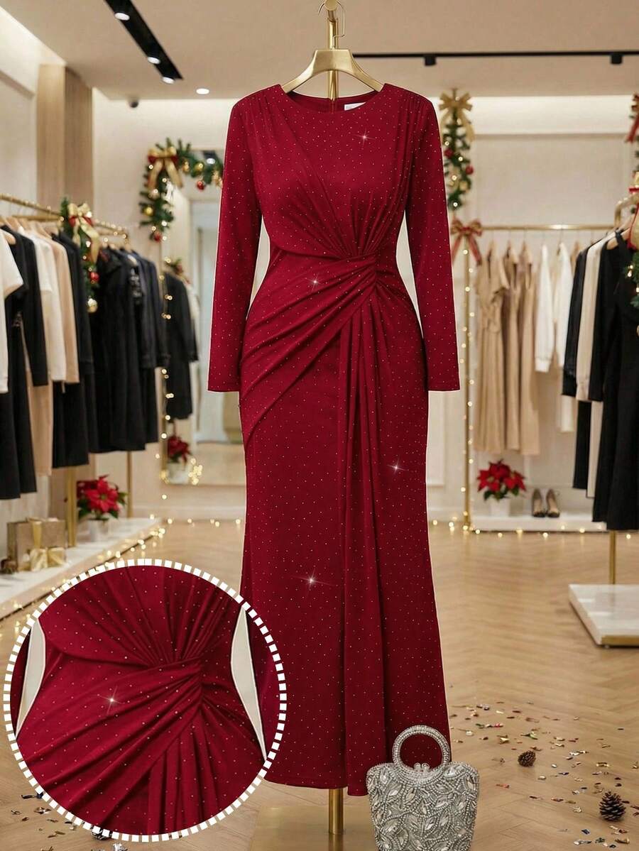 Modelyn Đầm dự tiệc cổ tròn xếp ly thanh lịch cỡ lớn dành cho nữ - Màu Đỏ Sâu - Xem 1