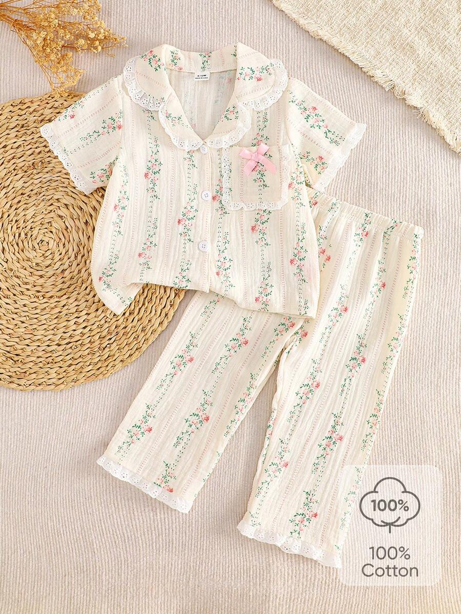 Bộ 2 món áo ngắn tay và quần dài họa tiết hoa xinh xắn cho bé gái, đồ mặc nhà mềm mại, giản dị, mùa hè - Màu be - Xem 1