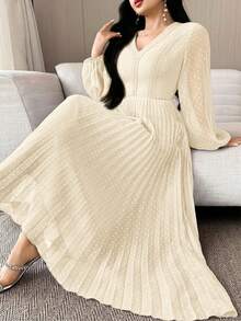 Feyla 女士优雅通勤纯色波点褶皱长裙 - 杏色 - 查看 5