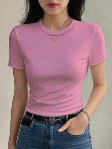 DAZY Camiseta básica de mujer de unicolor, cuello redondo, manga corta y ajustada, ropa de vuelta al colegio - Rosa - Ver 3