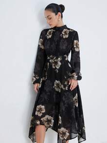 Aveloria Modichic Elegant Pearl Chiffon Watercolor Floral Print Pleated Bust Asymmetric Hem Long Sleeve Dress - Multicolor - View 6