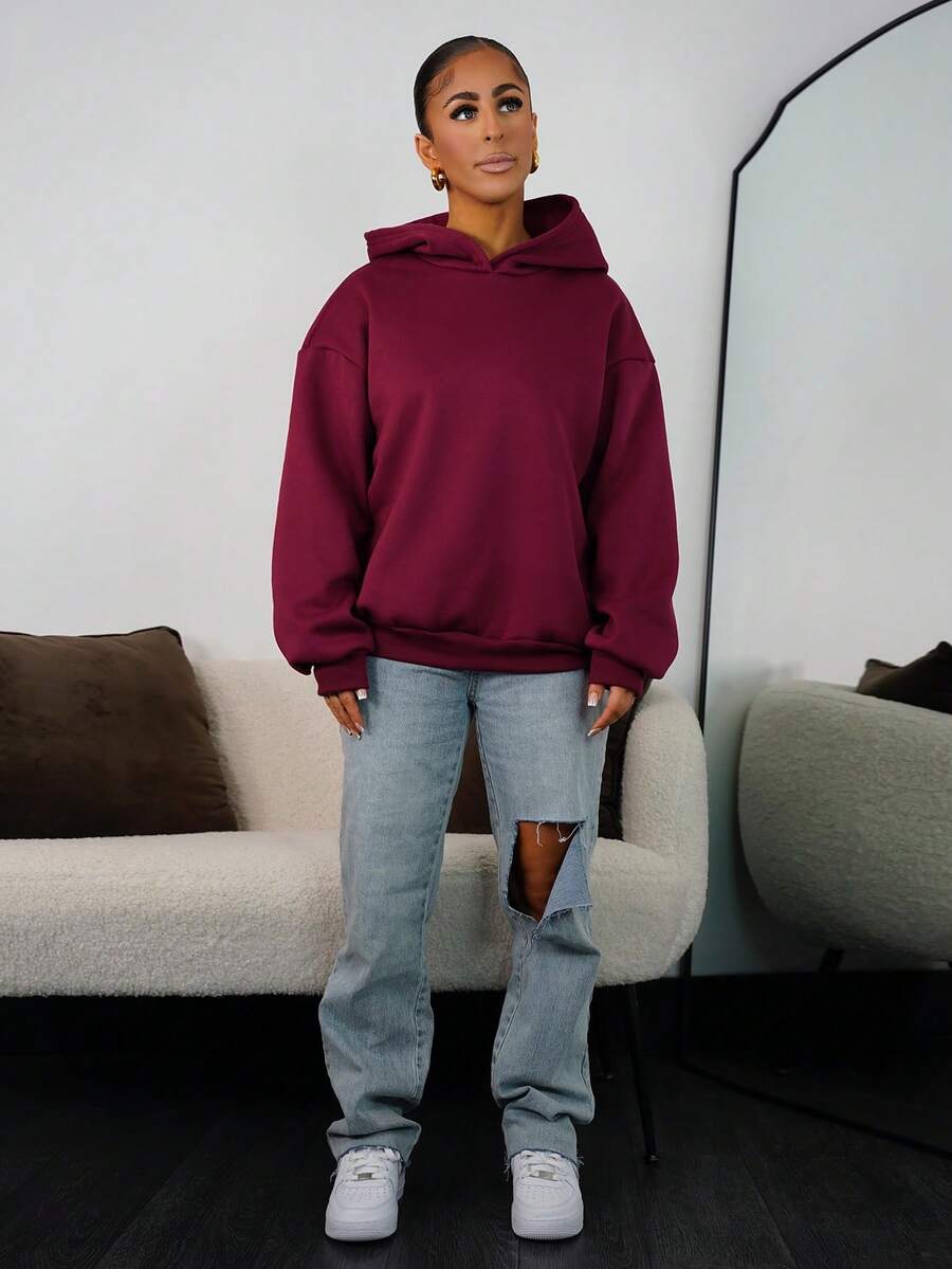 SAYEHFBABY Tenues d'été Femmes sweat-shirt à capuche simple et décontracté de couleur unie à manches longues pour l'automne et l'hiver, sans cordon de serrage, oversize - Fushia - Voir 1