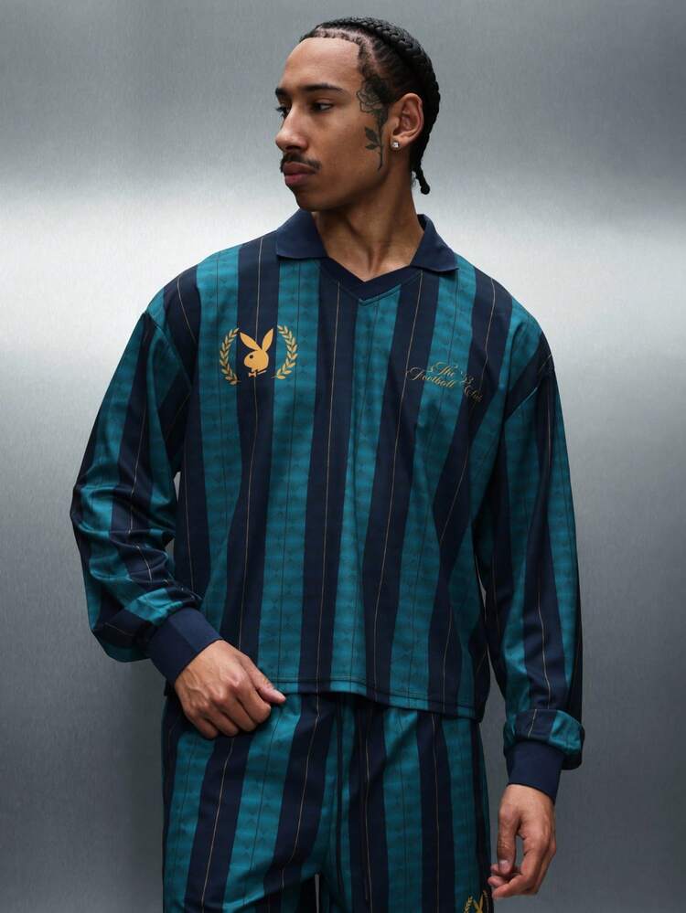 PLAYBOY X SUMWON Gestreiftes Langarm-Polohemd mit Logo