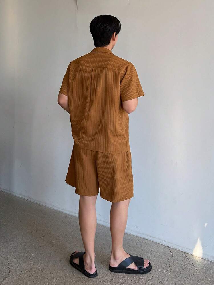 Men's Brown Short Sleeve Shirt And Shorts Set, Summer