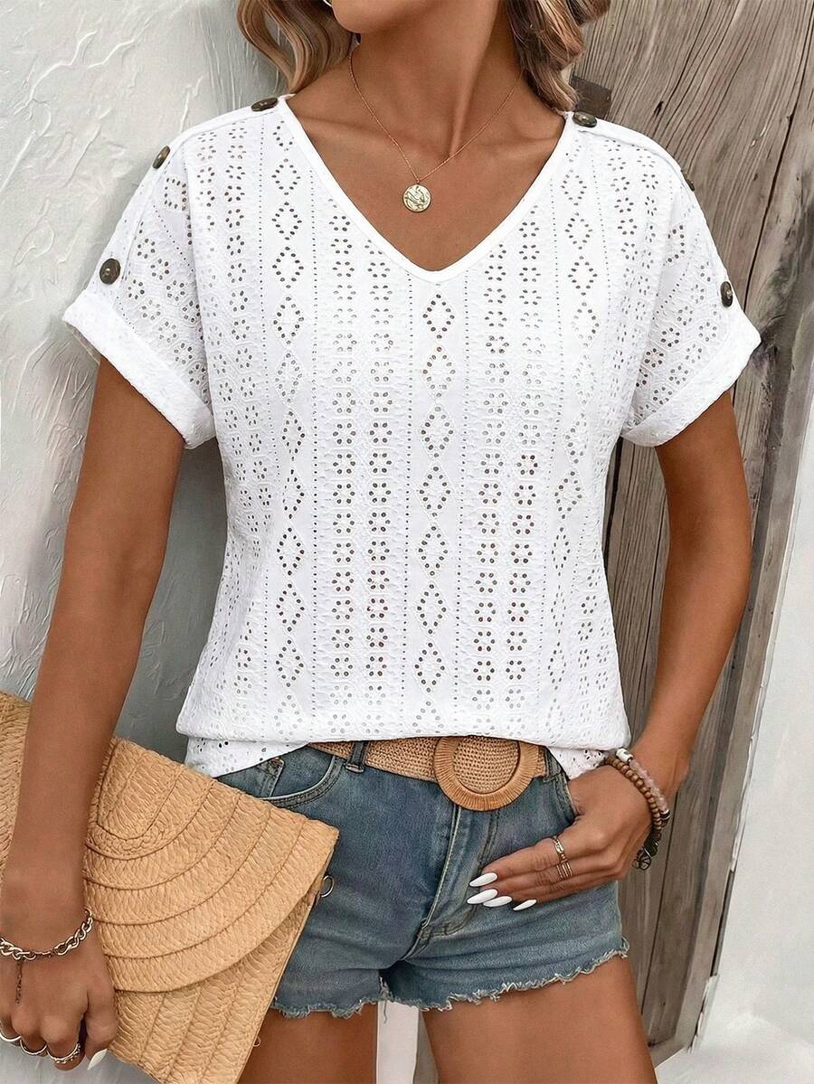 SHEIN LUNE Women's Hollow Out Embroidery V-Neck Short Sleeve Casual T-Shirt - White - View 1