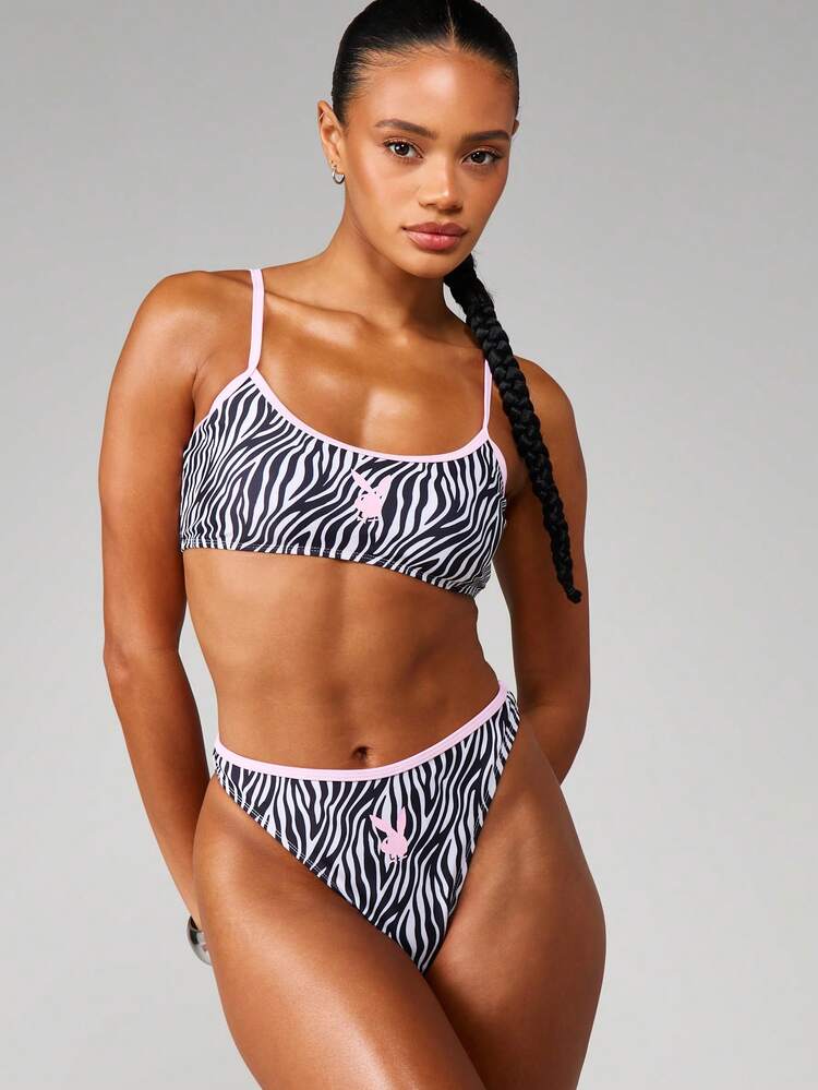 Missguided x Playboy Dwuczęściowy komplet bikini z nadrukiem zebry, ramiączkami spaghetti i wysokim stanem, letni strój kąpielowy, na wakacje na plaży i przy basenie w ośrodku wypoczynkowym