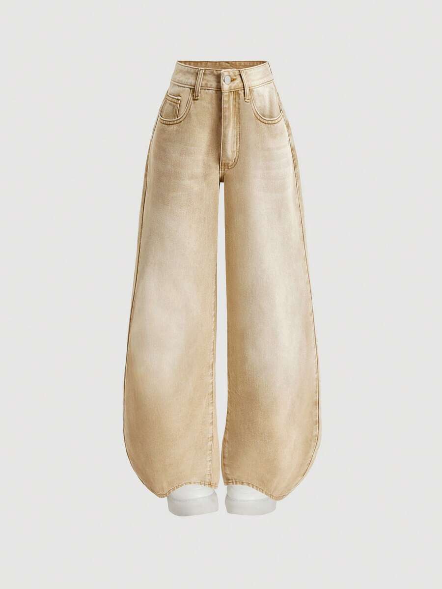 SHEIN ICON 女士休闲复古宽松牛仔裤，带腰带环 - 杏色 - 查看 1