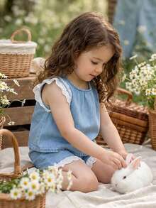 Baby Girl Cute Summer Blue And White Denim Vest&Shorts Set,Lace Flutter Sleeve Ruffle Trim Hollow Out Embroidery Casual Vacation Outfit For Beach - Medium Wash - View 6