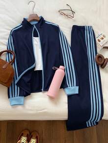 Comfortcana Blaues Ribbon Zweiteiler Set in Große Größen, Lässig und Sportlich - Blau - Übersicht 3