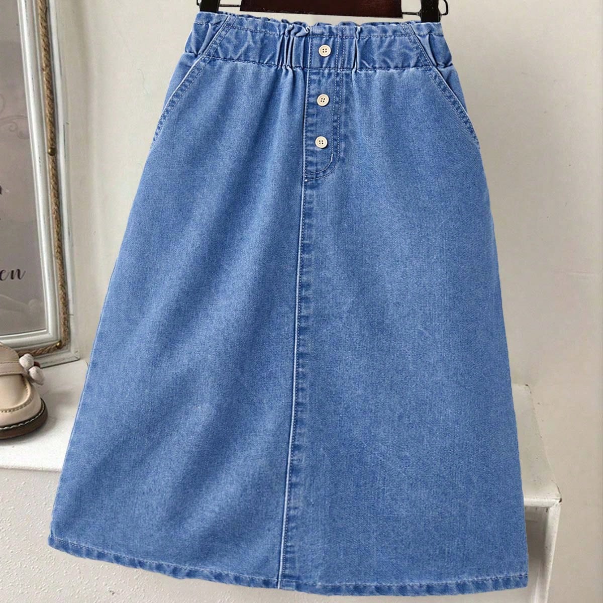 Falda vaquera azul desgastada para niñas preadolescentes, casual y cómoda para uso diario, verano
