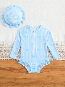 1 bộ áo tắm liền thân dài tay cho bé gái, có khóa kéo, nơ xinh xắn và họa tiết hoa, kèm mũ. - Xanh và trắng - Xem 3