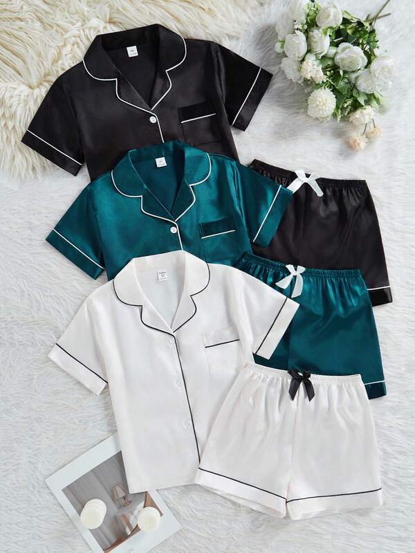 3 piezas Conjunto de pijama para niñas, Cárdigan de solapa de unicolor, Blusa de manga corta y pantalones cortos, Conjunto casual y cómodo para usar en casa, Adecuado para reuniones familiares y uso en interiores, Verano