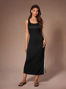 Lazeform Damen Lässig Bodycon Kleid mit kontrastierendem Seitenstreifen, Loungewear ärmelloses Maxikleid mit Schlitz an der Seite, Damenkleid schwarz - Schwarz - Übersicht 5