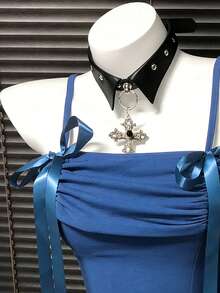 INAWLY Women's Casual Slim-Fit Camisole Top With Bow - Blue - View 6