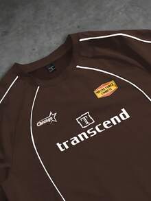 PAVTROS 男士字母印花圆领短袖T恤和抽绳腰短裤休闲运动套装 - 咖啡棕 - 查看 6