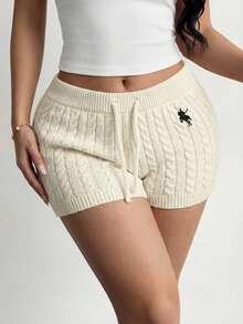 SHEIN SXY Women's Solid Color Casual Fitted Drawstring Twist Knit Shorts - Apricot - View 2