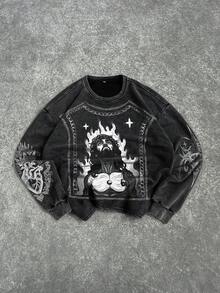 Manfinity EMRG Áo nỉ nam cổ tròn in hình Chúa Jesus, phong cách vintage thường ngày, thời trang đường phố, chất liệu vải mài, thích hợp cho mùa xuân/thu. - màu đen - Xem 3