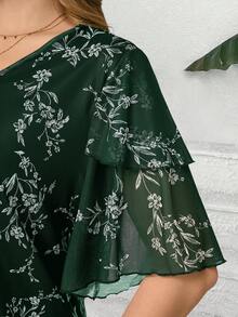 EMERY ROSE 大码女式夏季休闲度假V领短袖印花荷叶袖束腰上衣，夏季假期，休闲度假，简约时尚，适合日常穿着，春假，度假，外出，2026新款，简约时尚，绿色上衣 - 綠色 - 查看 4