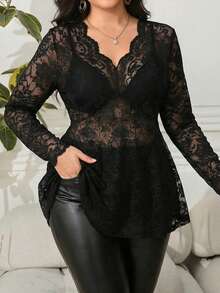 SHEIN Clasi Áo thun dài tay màu đen ren xuyên thấu gợi cảm, cỡ lớn, thích hợp cho kỳ nghỉ xuân, kiểu dáng thanh lịch. - màu đen - Xem 8