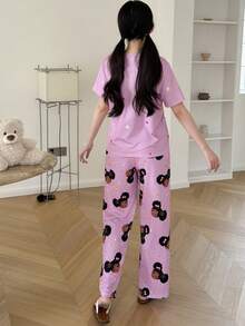 SHEIN 少女卡通印花针织短袖上衣和睡裤睡衣套装 - 粉色 - 查看 4