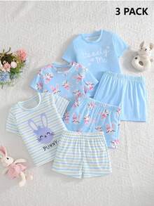 SHEIN Vintaside Kids 6件套女婴新生儿幼儿0-3岁春夏新款可爱兔子纯色条纹T恤短裤套装 - 藍色 - 查看 9