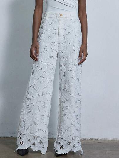 Aveloria Modichic Eleganta blommiga ihåliga broderier med spetskant, asymmetrisk fåll, lösa, avslappnade semesterbyxor för kvinnor