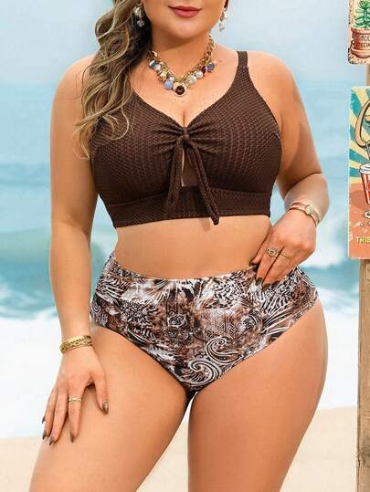 Swim Lushoire Plus Size Slimming Sexy Beach Vacation Special Fabric Printed 2 Pieces Swimsuit Set
