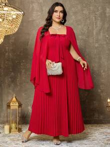 EMERY ROSE Plus Size Women's Elegant Solid Color 2-Piece Set, Chiffon Shawl Collar Lightweight Mid-Length Pleated Hem Dress & Cover Up Set, Suitable For Parties And Romantic Dates - Pink - View 3