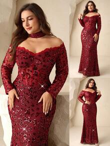 Coutiva Plus Size Women's Burgundy Spring Elegant Evening Formal Dress,Off-Shoulder Lace Patchwork Sequin Gown With Detachable Collar And Faux Fishbone - Burgundy - View 4