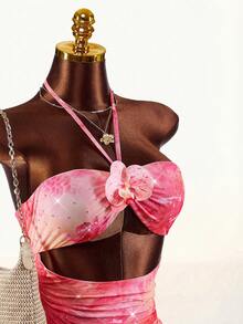 Amplova 2026新款复古印花亮片装饰低胸镂空修身迷你连衣裙（女款） - 彩色 - 查看 1