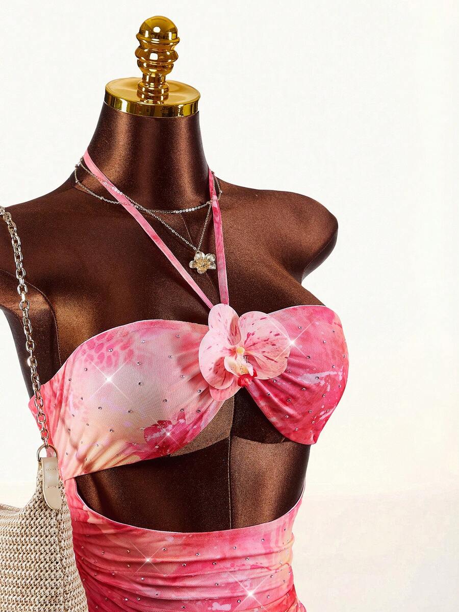 Amplova 2026新款复古印花亮片装饰低胸镂空修身迷你连衣裙（女款） - 彩色 - 查看 1