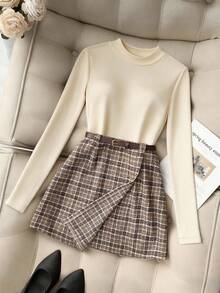 Franclia Bộ đồ công sở thường ngày thoải mái và thời trang gồm áo dệt kim dài tay đa năng phối cùng chân váy kẻ caro màu kaki có thắt lưng, set 2 mảnh dành cho nữ mùa xuân/thu, bộ đồ mùa thu sớm, trang phục mùa thu cho nữ, trang phục mùa đông cho nữ, trang phục thường ngày cho nữ. - Màu be - Xem 5