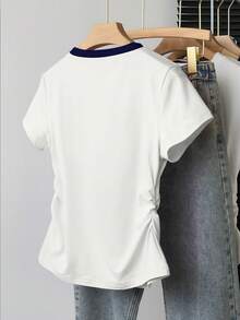 Resyla 女士户外休闲上衣，甜美风格，优雅设计，夏季新品，户外运动服，修身腰部褶皱短袖T恤，白色，花卉印花图案 - 白色 - 查看 2