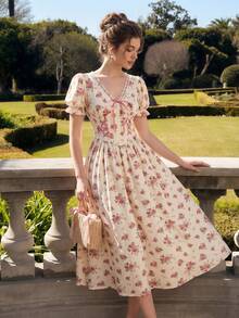 SHEIN MOD 女士碎花泡泡袖连衣裙，适合正式场合、派对、约会、情人节等各种场合，包括优雅、沙滩、度假、乡村音乐会、春季和下午茶。 - 彩色 - 查看 5