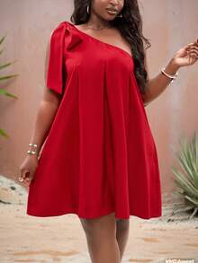 SHEIN CURVE+ 加大码女装红色纯色休闲连衣裙，简约时尚，适合日常穿着 - 紅色 - 查看 8