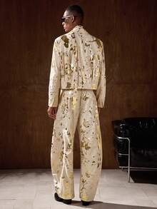 AKNOTIC Business Casual 男士时尚派对宴会全印花金色尖领西装外套和褶裥锥形西装裤套装 - 金色 - 查看 8