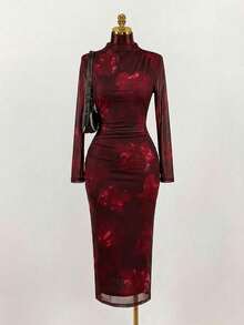 SHEIN Clasi 大码印花褶皱领修身长袖连衣裙 - 棕色 - 查看 2