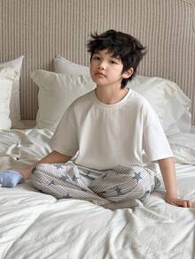 DAZY 男童纯色短袖T恤和条纹星星印花长裤睡衣套装，夏季