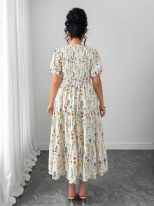 Elenzga Große Größen Damen Kurzarm Kleid mit Blume Muster, elastischer Taille und gestuftem A-Linie Schnitt, eleganter Urlaubsstil, geeignet für Frühling/Sommer - Aprikosenfarben - Übersicht 2