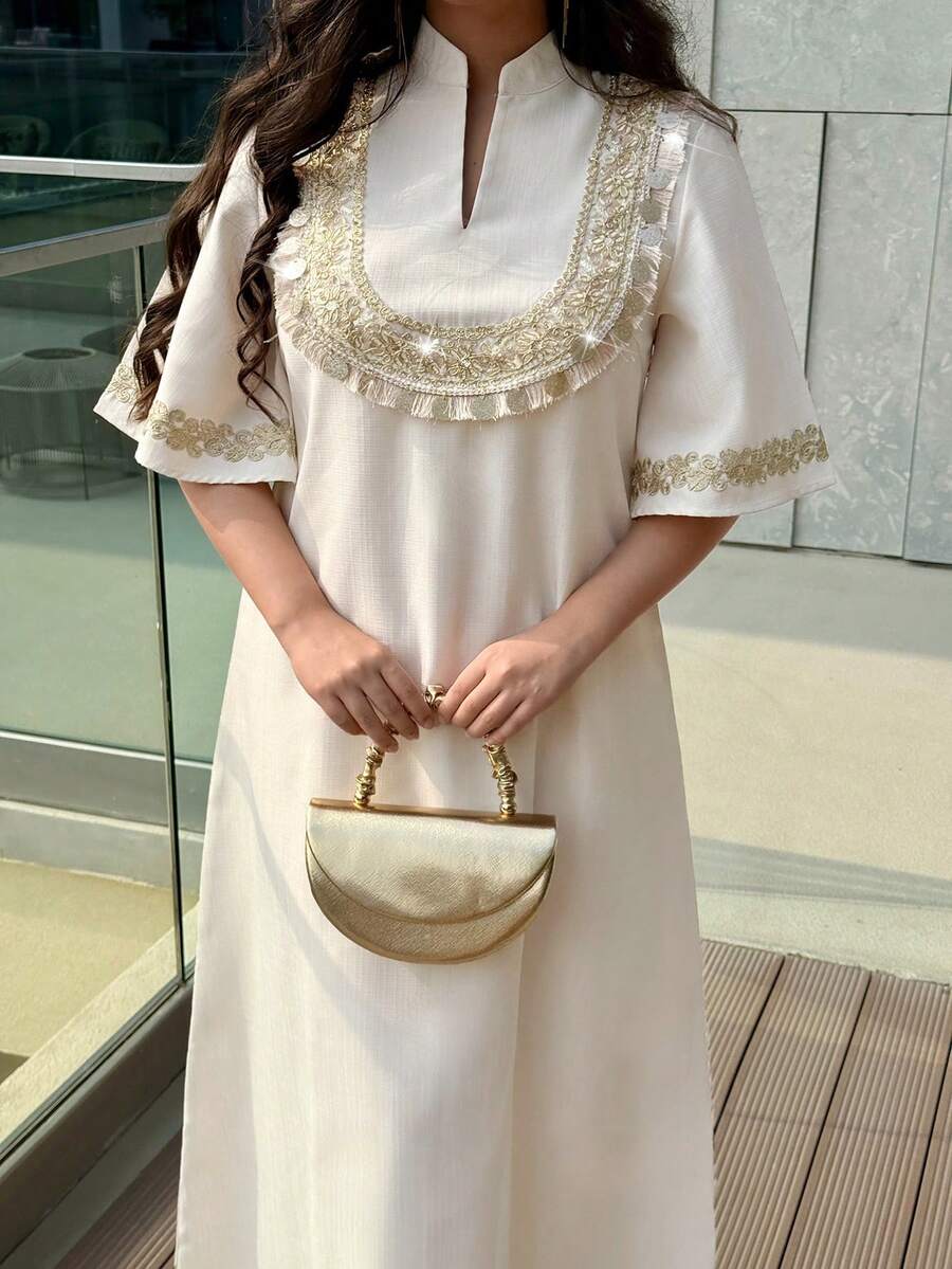 Al Najma Women's Tassel Design V-Neck Short Sleeve Loose Elegant Arabic Dress - Apricot - View 1