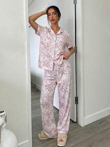 Aloruh 花卉印花衬衫和裤子家居服套装，日常休闲款 - 杏色 - 查看 3