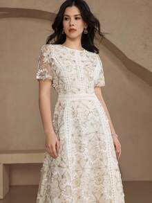 DAZY 优雅蕾丝边短袖连衣裙，青春雅致迷你连衣裙，婚礼宾客礼服/吊带裙 - 金色 - 查看 4