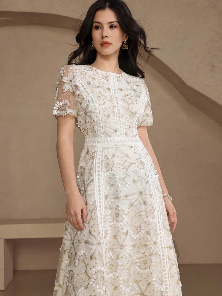 Elegant Lace Trim Short Sleeve Dress, Youthful And Refined Mini Dress Wedding Guest Dress Sundress - Gold - View 4