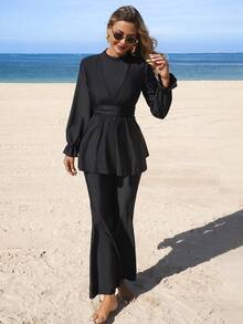 Swim Mulvari 2pcs/Set Women's Black Long Sleeve & Flared Pants Loose Cuffed Sleeve Burkini Swimsuit, Suitable For Spring/Summer Beach - Black - View 1