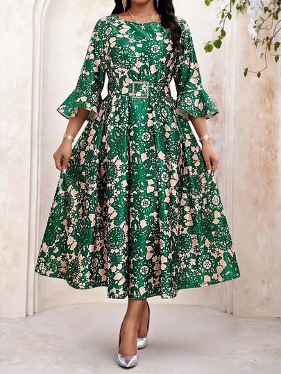 Fleurora 大码女式印花圆领喇叭袖优雅派对连衣裙