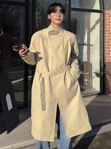 DAZY Khaki Plaid Lining Long Men's Trench Coat, Spring - Khaki - View 8