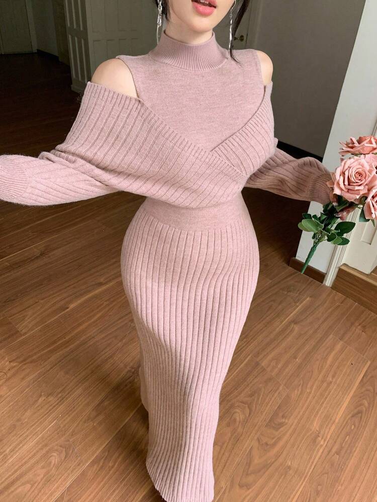 Women's Elegant Minimalist Fashion Knit Midi Dress, Loose Casual Business Office Commute Wear, Autumn/Winter Sweater Dress