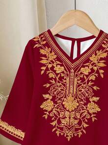 Đầm ren in họa tiết màu đỏ tía cổ điển thanh lịch dành cho bé gái, thích hợp cho mùa xuân/hè và các dịp lễ hội. - Nhiều màu - Xem 4