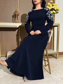 Modelyn 女士花卉串珠装饰长袖优雅连衣裙 - 藏蓝色 - 查看 6